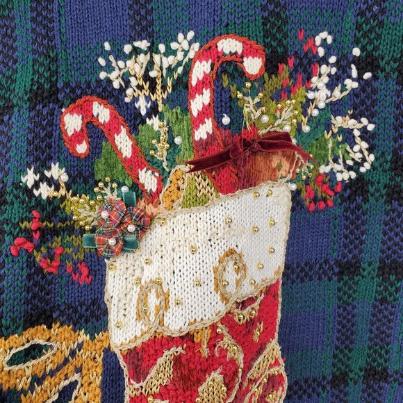 Vintage Heirloom Blue Green Plaid Beaded Nostalgic Stocking Christmas Sweater L - Picture 7 of 9
